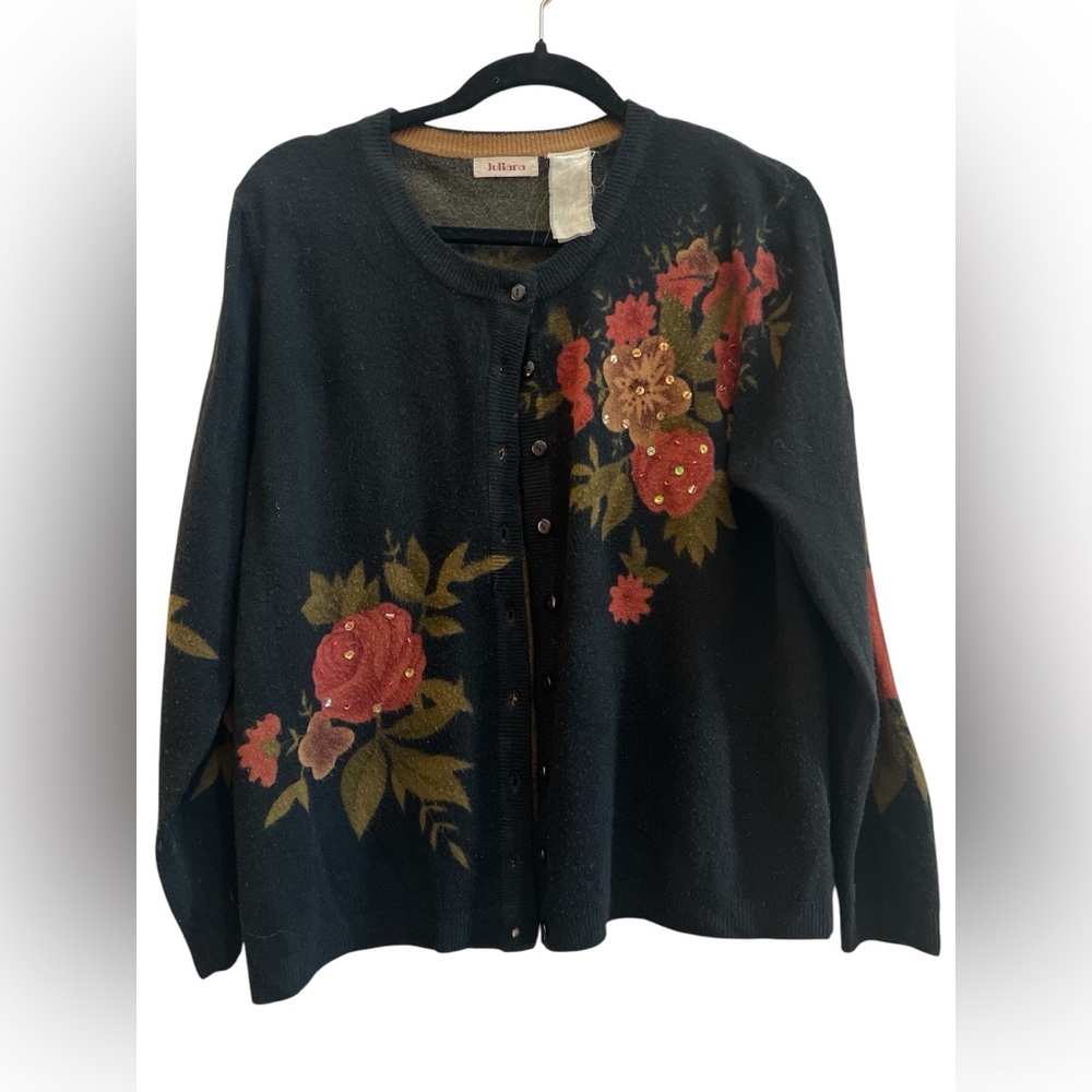 Juliana Vintage Floral Cardigan Shoulder Pads Embellished Roses Cottagecore M